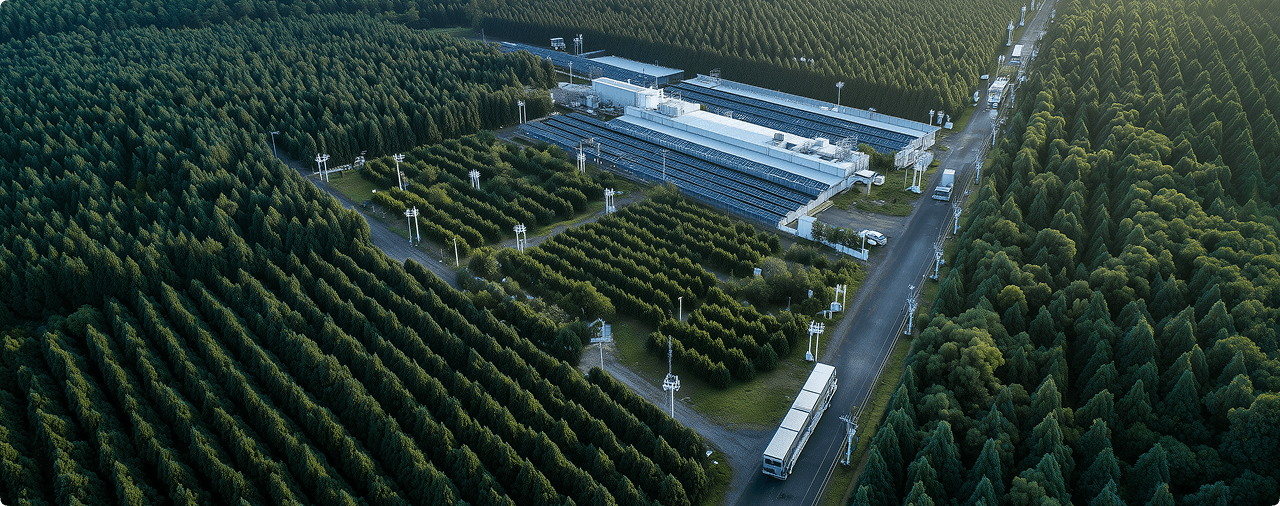 Precision Agriculture - Aerial view of organized tree farm with rows of trees