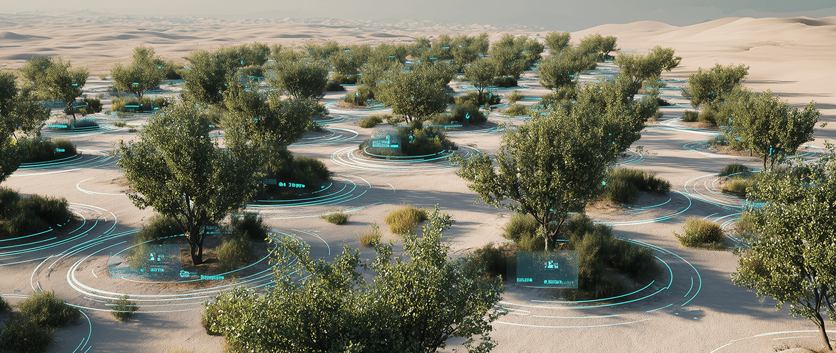 Strategic Tree Selection - Desert landscape with scattered green trees and digital monitoring data